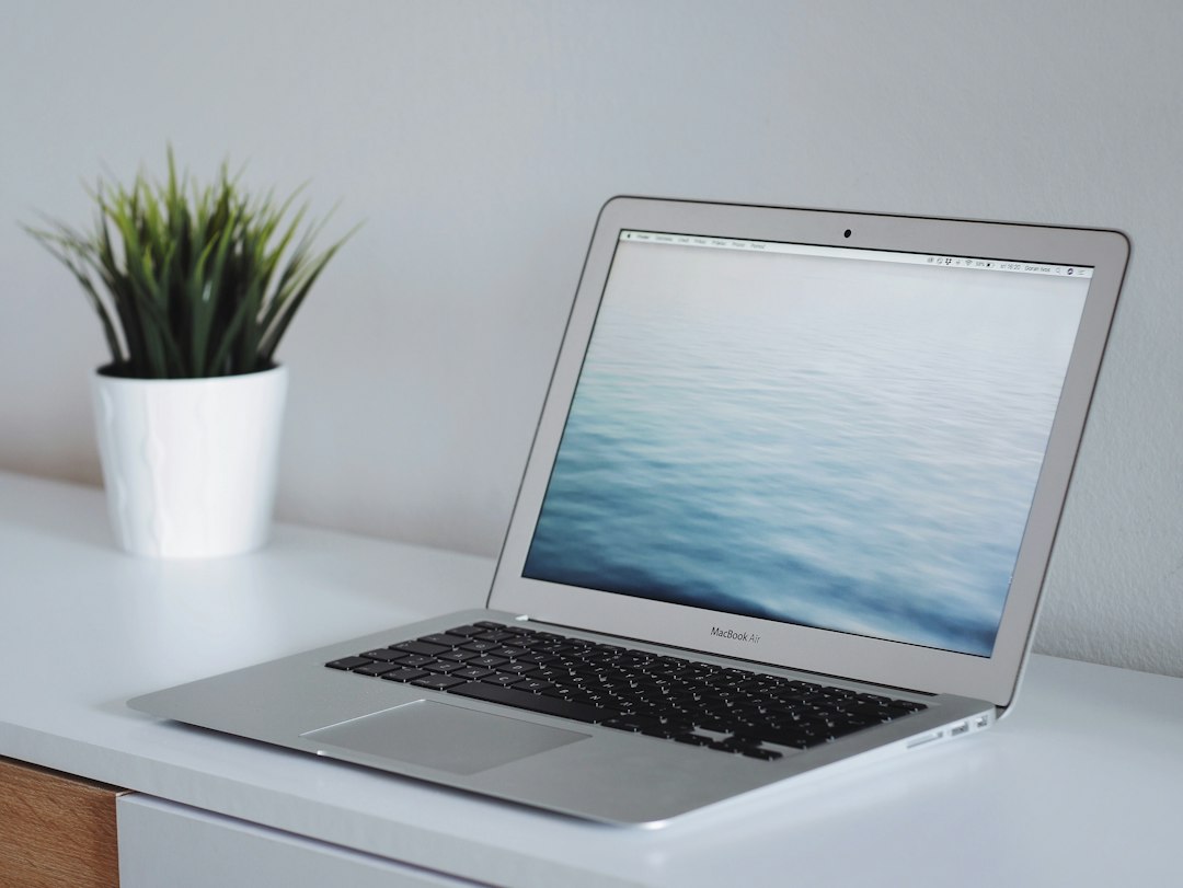A minimalist desk setup with a laptop and a small green plant bathed in natural light, signifying the thoughtful work of digital marketing for a therapy practice.
